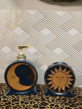 Vintage 90's Celestial Sun and Moon Ceramic Bathroom Set in Navy and Gold